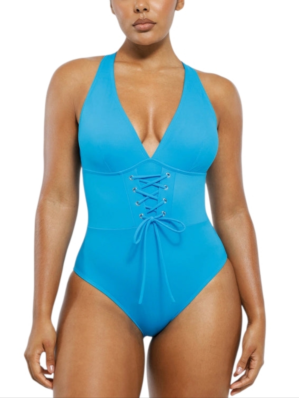 Shapellx Blue Corset One Piece Swimsuit Tummy Control Lace Up Sculpting NWT